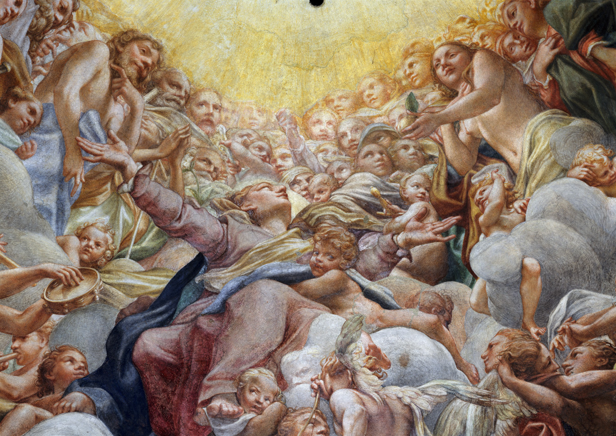Mary separating Adam and Eve from the angels, fresco at the Duomo di Parma (detail), by Antonio Allegri Correggio, c. 1528.