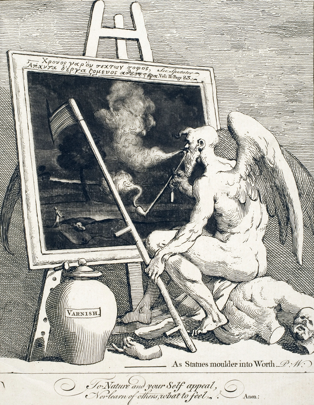 "Time Smoking a Picture" by William Hogarth Engraving of Father Time smoking in front of a painting.