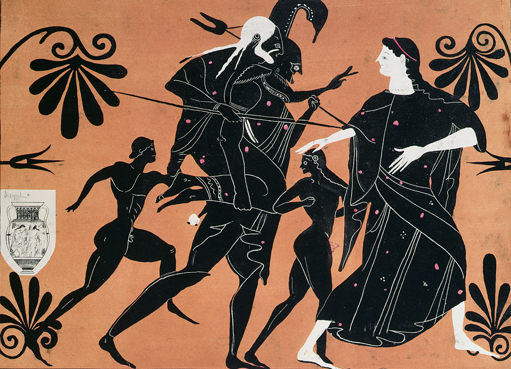 Aeneas fleeing Troy with his father Anchises on his back and sons surrounding him, nineteenth-century French lithograph after a Greek vase.