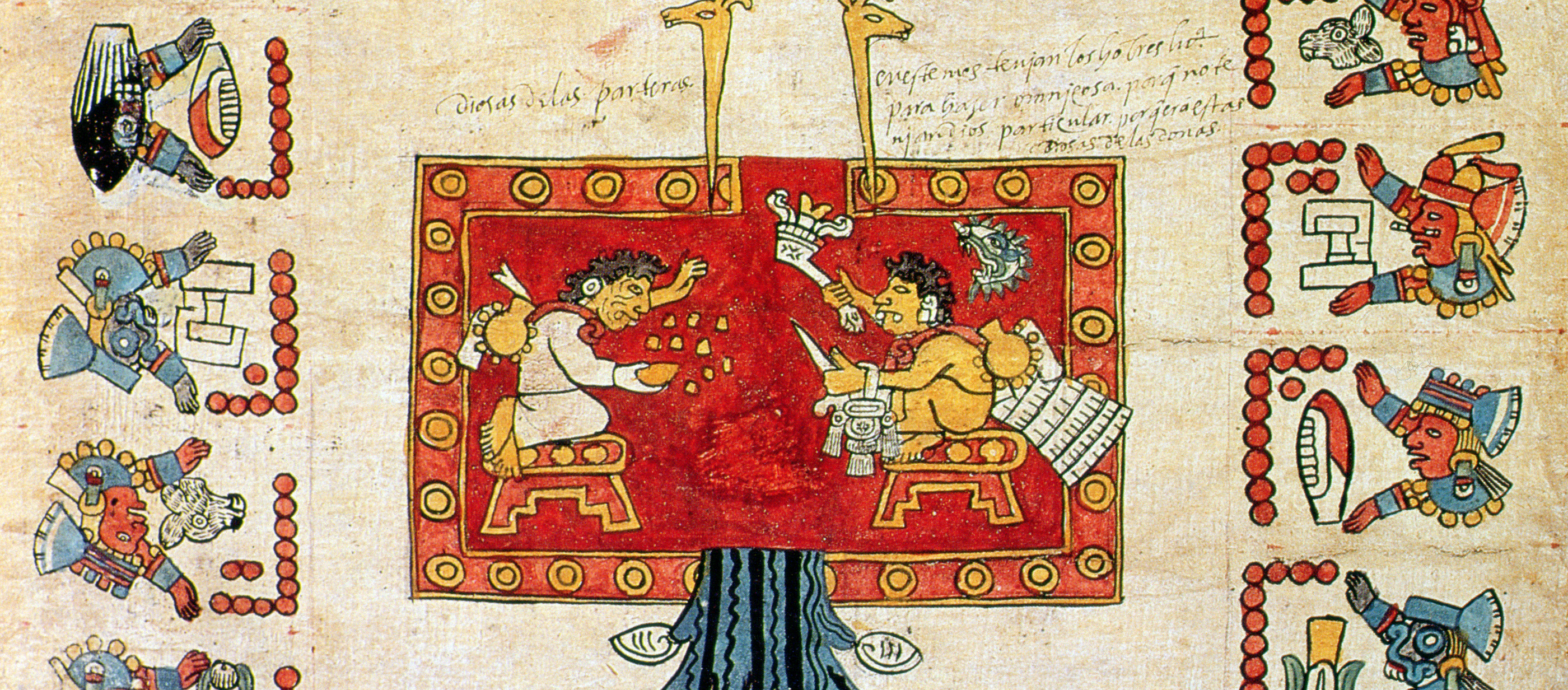 Inventing the Aztec calendar, from the Codex Borbonicus. Codex showing the invention of the Aztec calendar.
