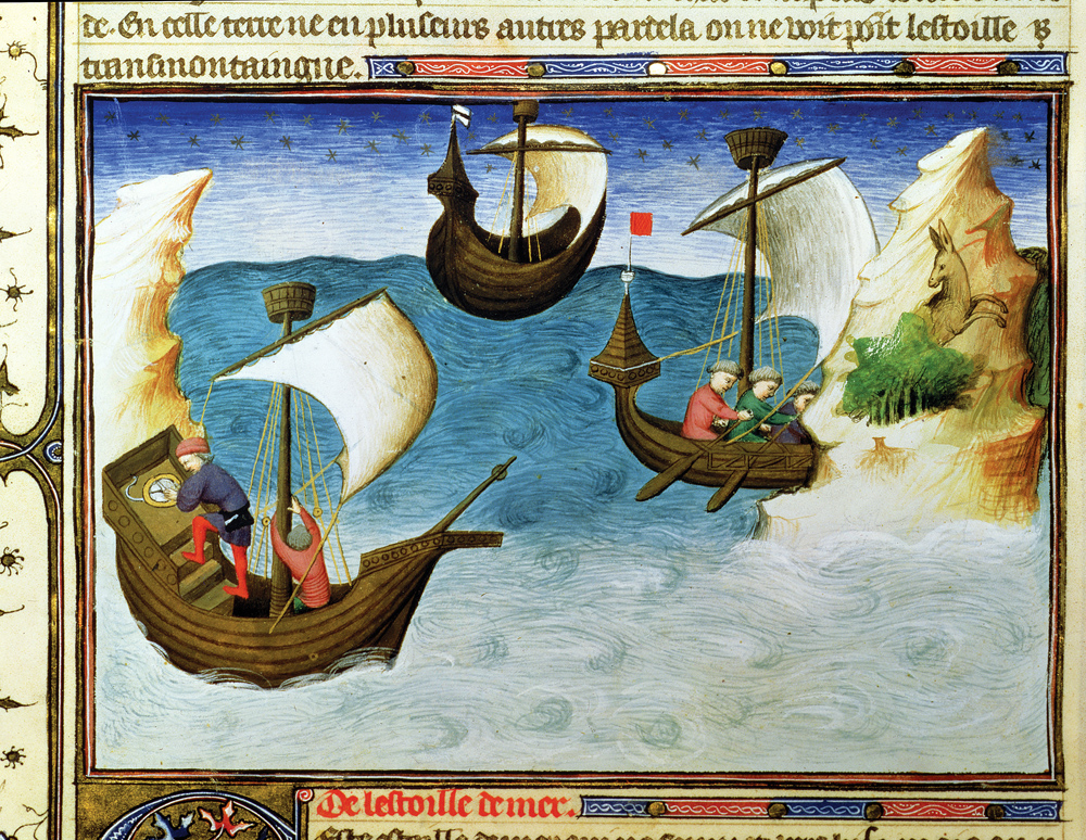 Navigators Using an Astrolabe in the Indian Ocean, miniature from the Book of Wonders and Other Travel Books and Texts About the Orient, by the Boucicaut Master, c. 1410. National Library of France, Manuscripts Department, Paris. 