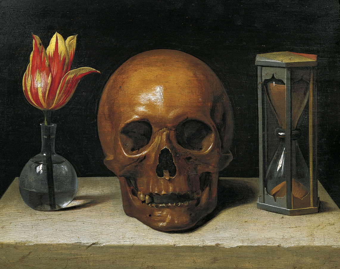 Painting of a skull, hourglass, and a tulip