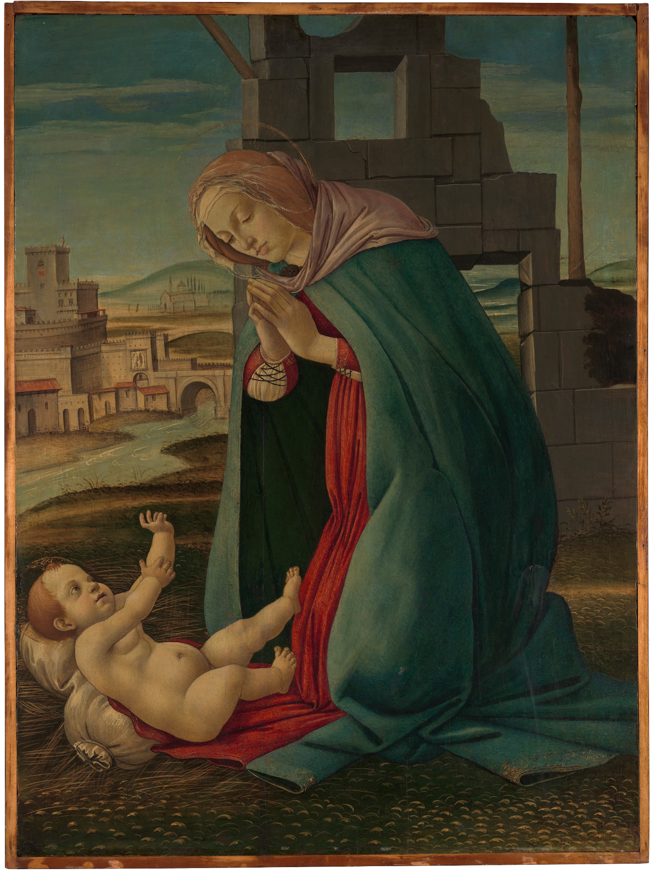 A painting of the Virgin Mary, praying over her son, an infant, who reaches up toward her.