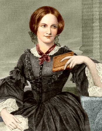 Color image of English novelist Charlotte Brontë with book in hand.