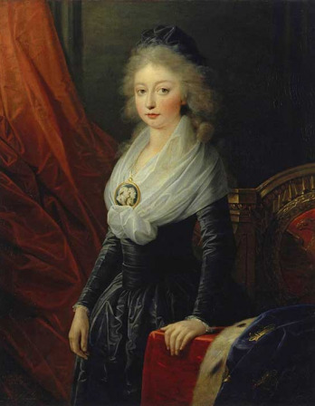 Painting of a woman with pale, fluffy hair wearing a dress with a large brooch