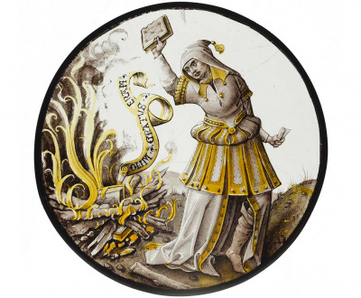 Roundel with allegorical scene of book burning, North Netherlandish, c. 1520.