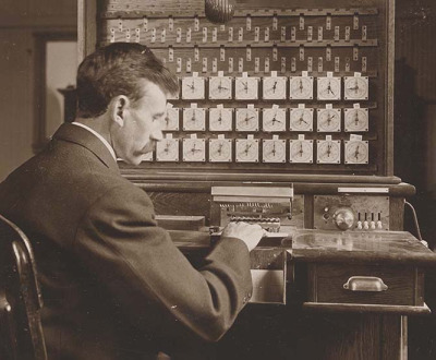 U.S. Census Bureau staff using Hollerith electrical tabulator, 1908. Photograph by Waldon Fawcett.