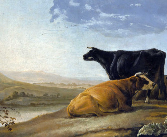 Painting of cows resting in a landscape with two herdsmen at right.