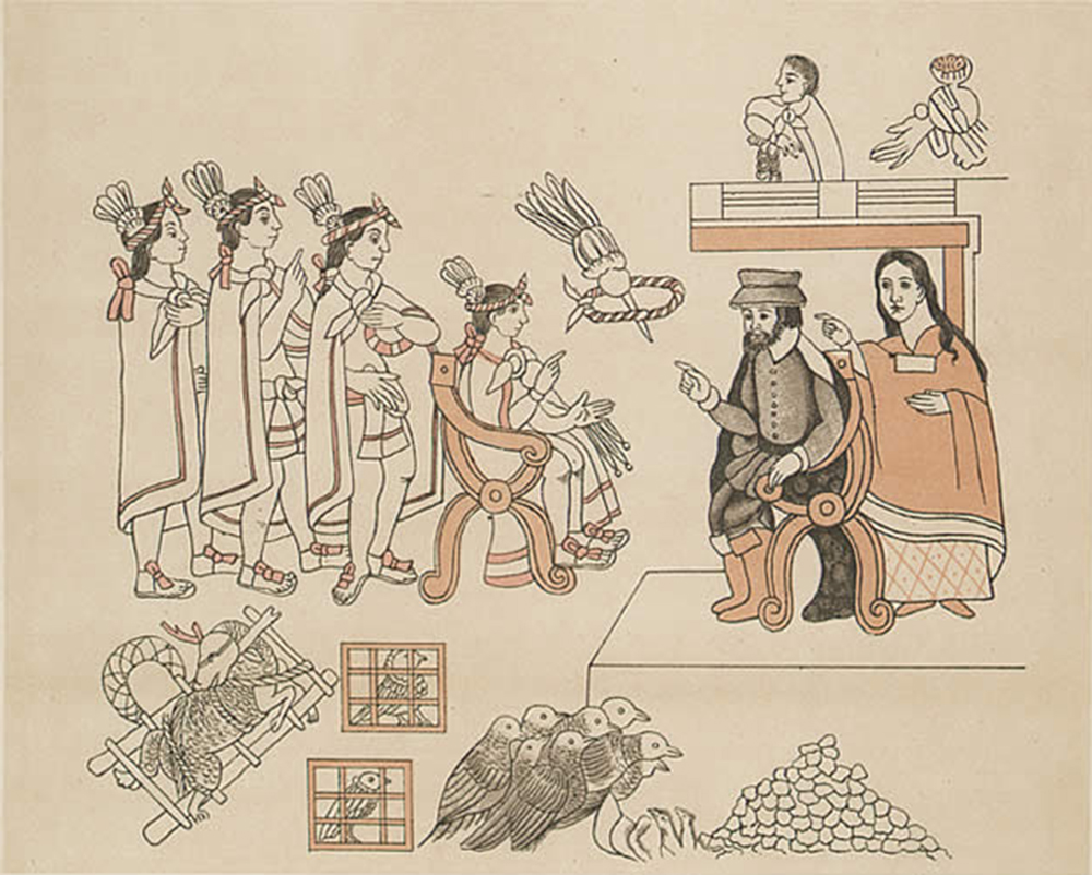 The meeting of Cortés and Moctezuma, from a c. 1890 facsimile of Lienzo de Tlaxcala (History of Tlaxcala), by Diego Muñoz Camargo, c. 1560. Wikimedia Commons, Bancroft Library.