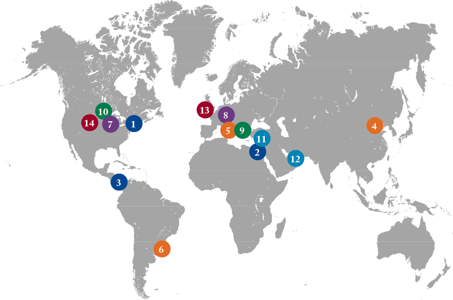 A map of the world with numbers to indicate locations of the items listed below.